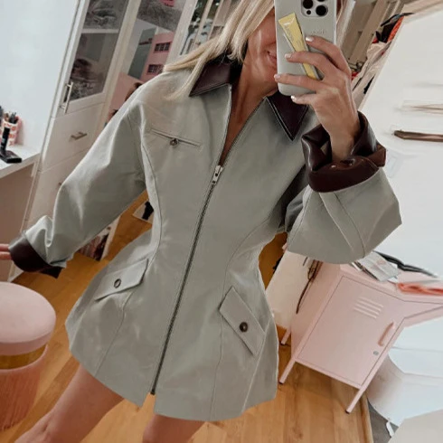 Damen Oversize-Jacke aus Lederoptik mit kontrastierendem Hemdkragen und Reißverschluss Drune