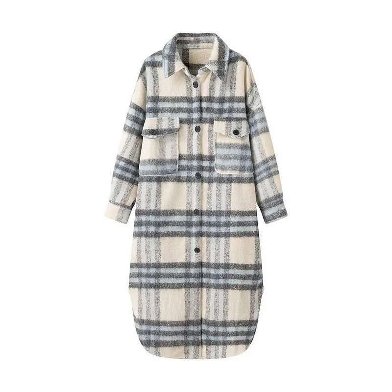 Damen Oversize-Hemdkleid-Mantel aus Wollmix mit Karomuster Drune