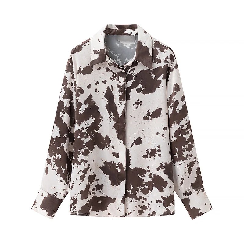 Damen Oversize-Hemdbluse mit Kuhflecken-Print, verdeckter Knopfleiste und weitem Schnitt Drune