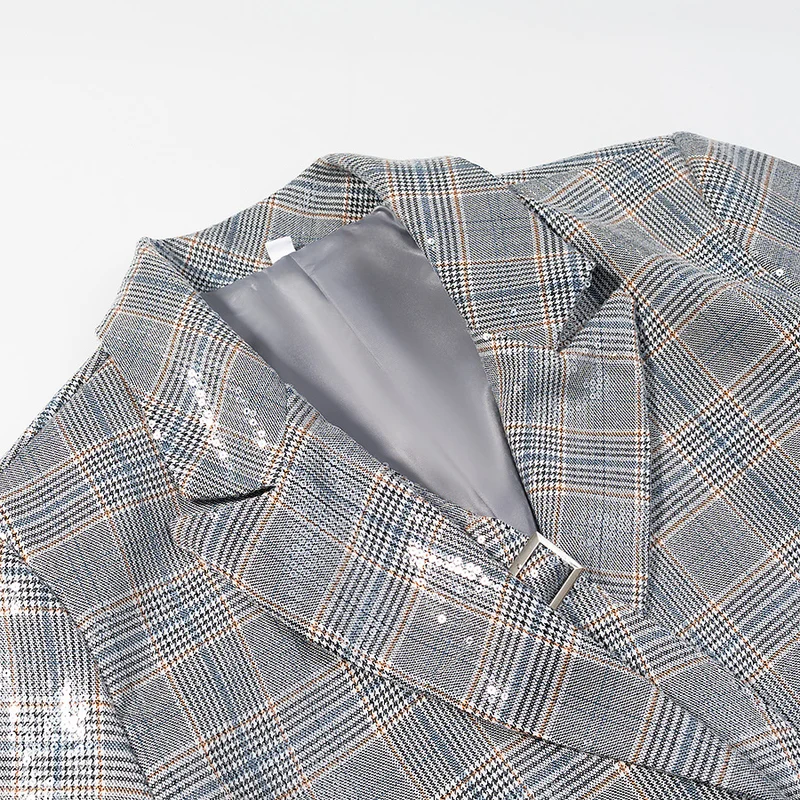 Damen Oversize Glencheck-Blazer mit einreihiger Knopfleiste, Pattentaschen und dezentem Paillettenbesatz Drune