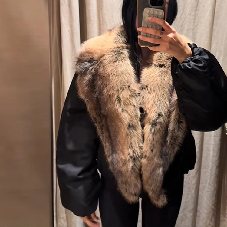 Damen Oversize-Bomberjacke mit voluminösem Fellkragen und Satinärmeln Drune