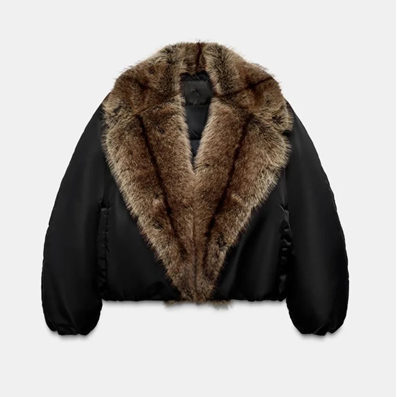 Damen Oversize-Bomberjacke mit voluminösem Fellkragen und Satinärmeln Drune
