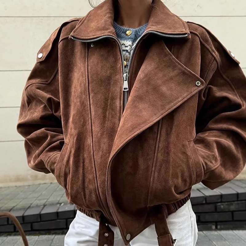 Damen Oversize-Bomberjacke im Velourslook mit hohem Stehkragen und Taillengürtel Drune