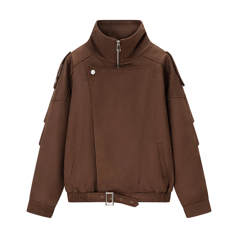 Damen Oversize-Bomberjacke im Velourslook mit hohem Stehkragen und Taillengürtel Drune