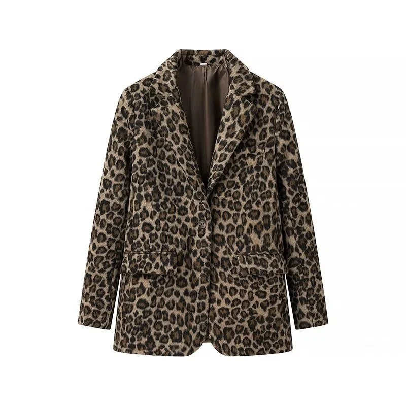 Damen Oversize‑Blazer im Leopardenprint mit Reverskragen und Pattentaschen Drune