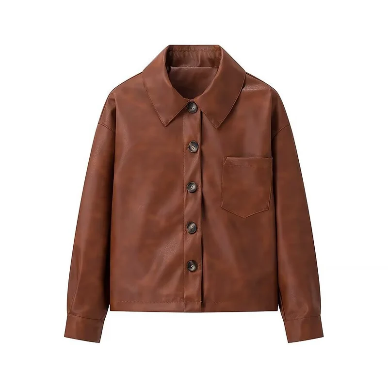 Damen Overshirt-Jacke in Lederoptik mit aufgesetzter Brusttasche und verdeckter Knopfleiste Drune