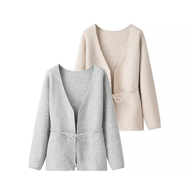 Damen Offener Strickcardigan mit Bindegürtel und V‑Ausschnitt Drune