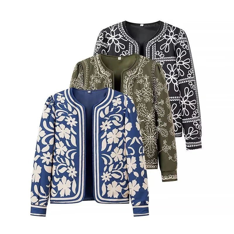Damen Offene Blazerjacke mit floralem Allover-Print, Rundhalsausschnitt und femininer Passform Drune