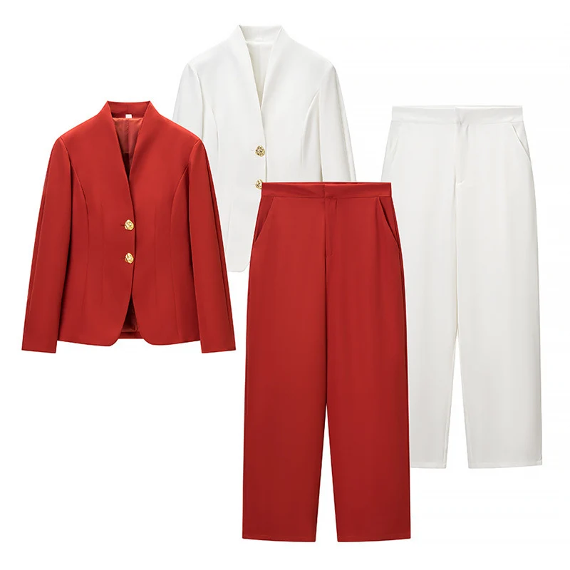 Damen Mix-&-Match Blazer- und Palazzo-Hosen-Set mit tailliertem Ein-Knopf-Blazer und hoher Taille Drune