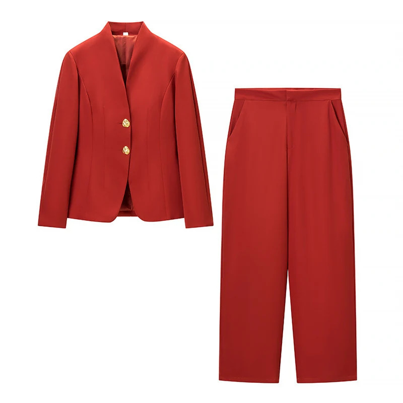 Damen Mix-&-Match Blazer- und Palazzo-Hosen-Set mit tailliertem Ein-Knopf-Blazer und hoher Taille Drune