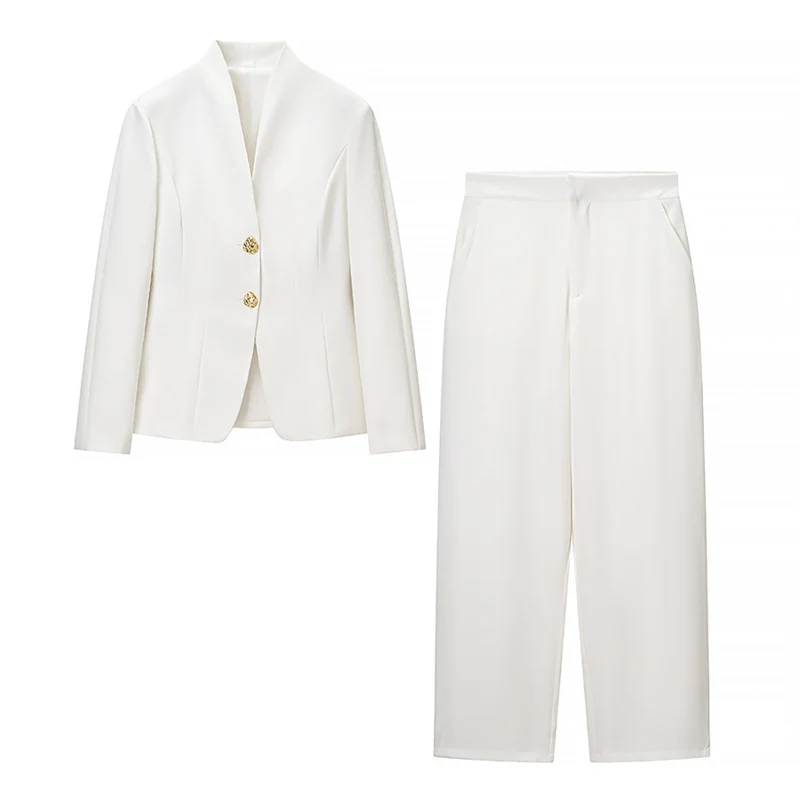 Damen Mix-&-Match Blazer- und Palazzo-Hosen-Set mit tailliertem Ein-Knopf-Blazer und hoher Taille Drune