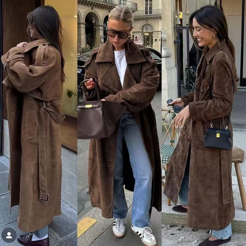 Damen Midilanger Oversize-Trenchcoat aus Veloursimitat mit doppelreihiger Knopfleiste, Schulterpatten und Bindegürtel Drune