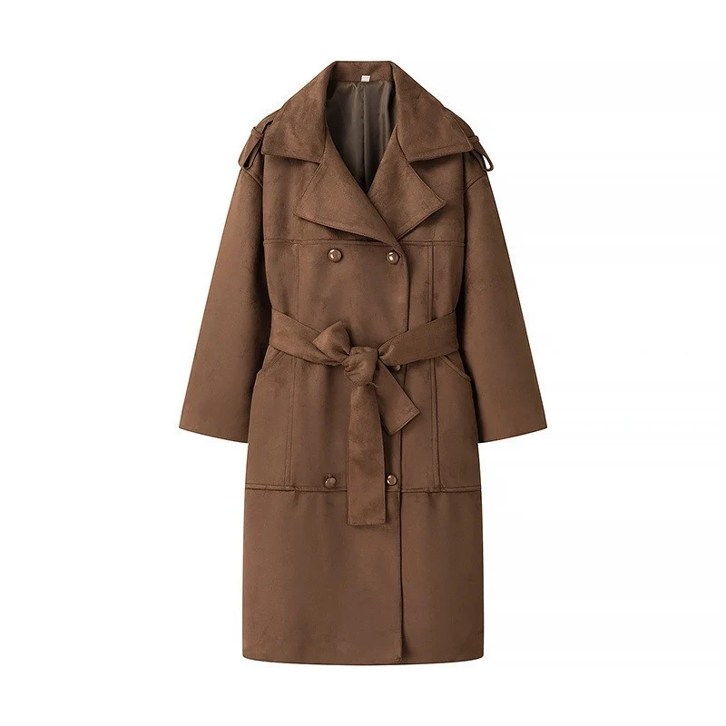 Damen Midilanger Oversize-Trenchcoat aus Veloursimitat mit doppelreihiger Knopfleiste, Schulterpatten und Bindegürtel Drune