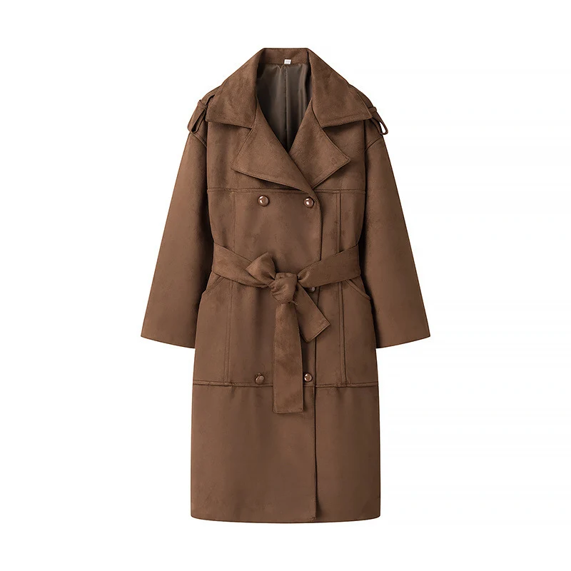 Damen Midilanger Oversize-Trenchcoat aus Veloursimitat mit doppelreihiger Knopfleiste, Schulterpatten und Bindegürtel Drune