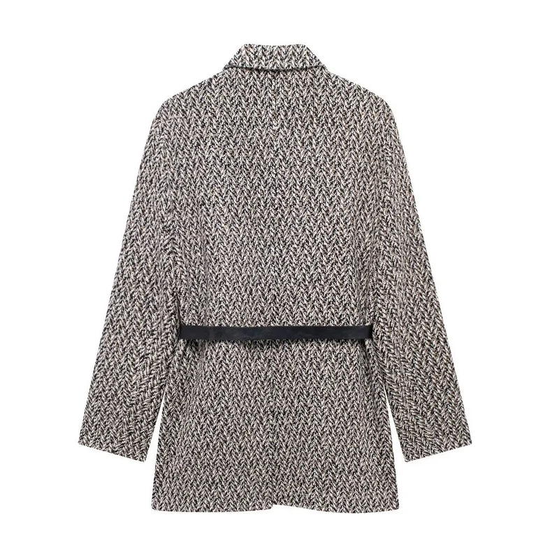 Damen Midilanger Bouclé-Tweed-Blazerjacke mit Lederimitat‑Gürtel Drune