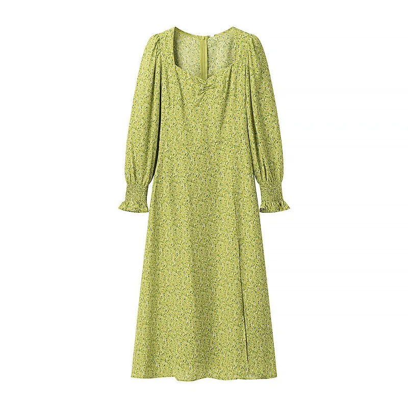 Damen Midikleid mit Herzausschnitt, gerafften Ballonärmeln und A‑Linien‑Silhouette Drune