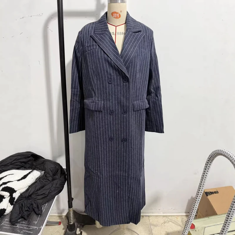 Damen Maximaler Oversize-Mantel im Nadelstreifen-Look mit doppelreihiger Knopfleiste und langen Silhouette Drune