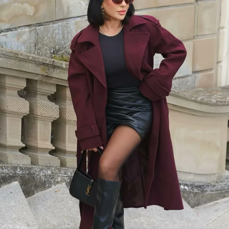 Damen Maxilanger Wollmix-Trenchcoat mit Schulterpasse, Bindegürtel und Krempelärmeln Drune