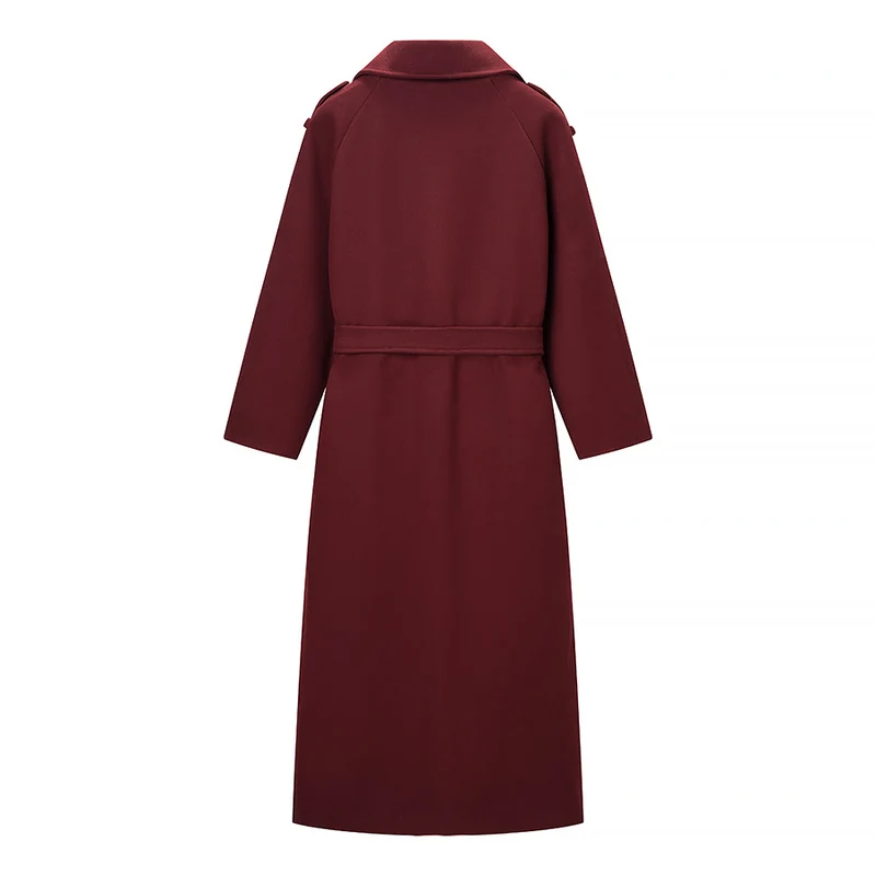 Damen Maxilanger Wollmix-Trenchcoat mit Schulterpasse, Bindegürtel und Krempelärmeln Drune