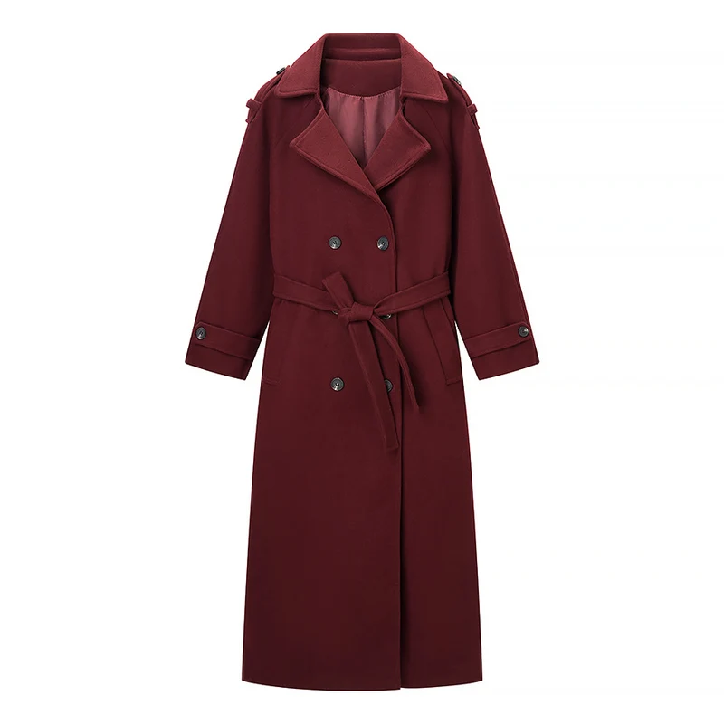 Damen Maxilanger Wollmix-Trenchcoat mit Schulterpasse, Bindegürtel und Krempelärmeln Drune