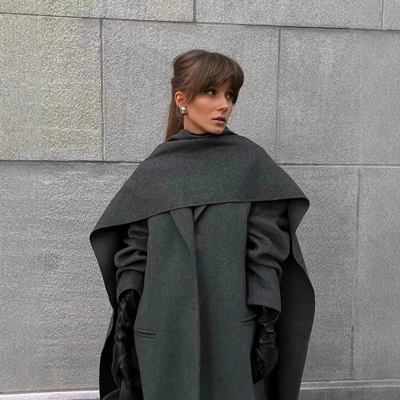 Damen Maxilanger Wollmix-Mantel mit integriertem Loop-Schal und cleanem Revers Drune