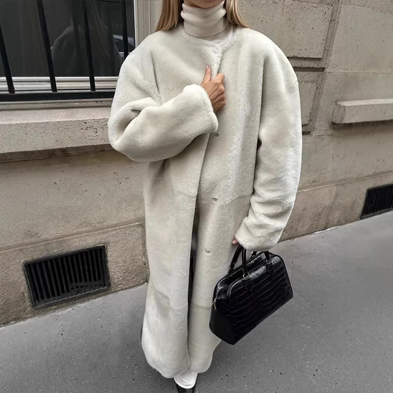 Damen Maxilanger Oversize-Teddymantel mit minimalistischem Stehkragen und verdeckter Druckknopfleiste Drune
