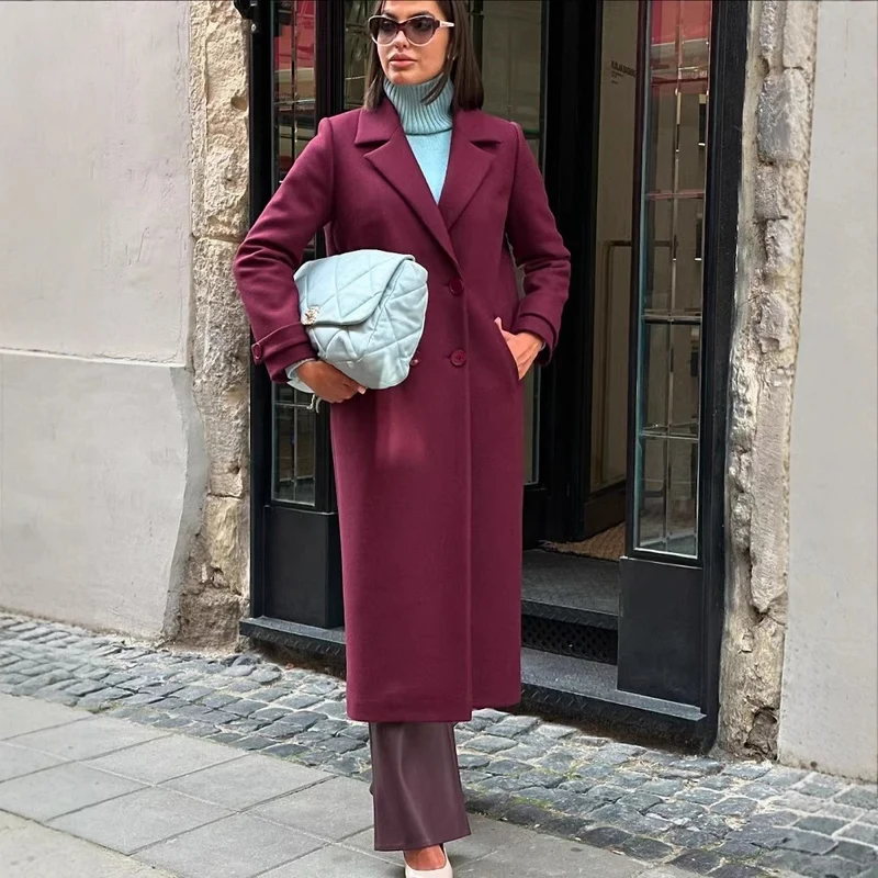 Damen Maxilanger Mantel aus Wollmix mit taillierter Silhouette und cleanem Revers Drune
