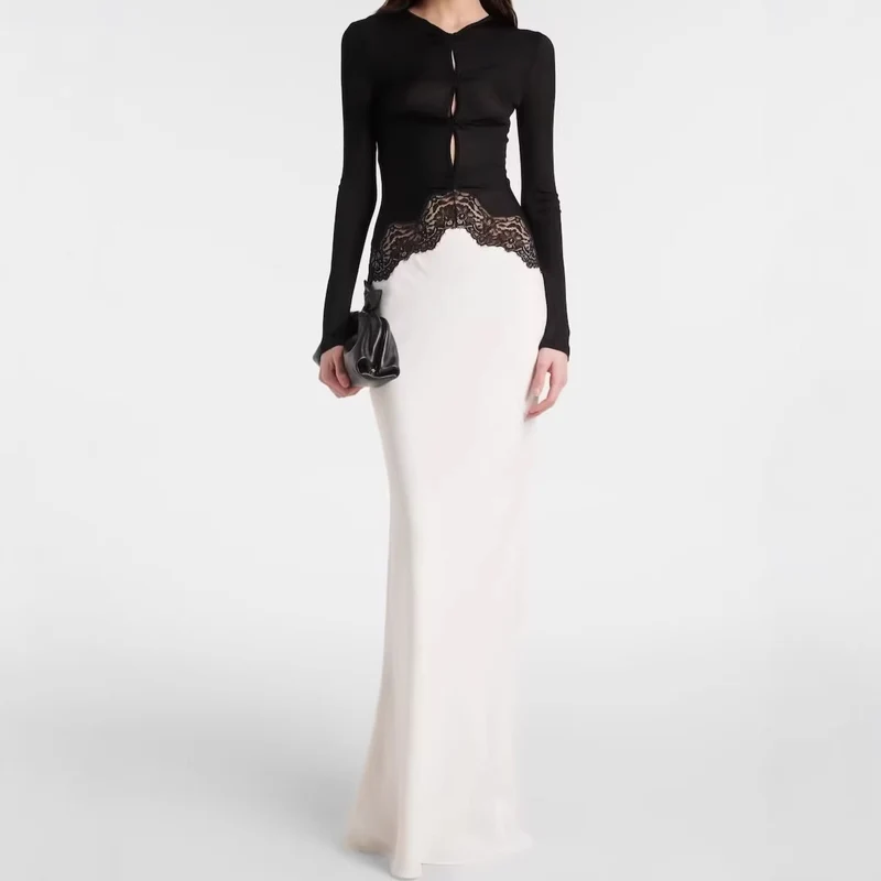 Damen Maxikleid mit Spitzeneinsatz, geraffter Vorderpartie und fließender Saum Drune