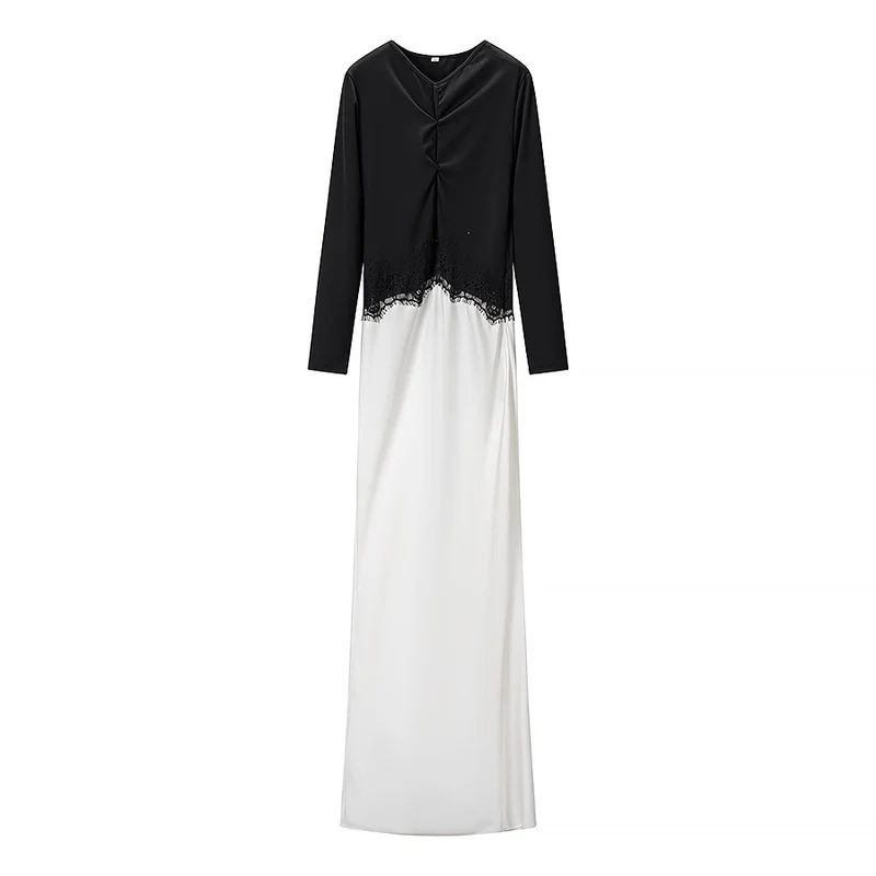 Damen Maxikleid mit Spitzeneinsatz, geraffter Vorderpartie und fließender Saum Drune