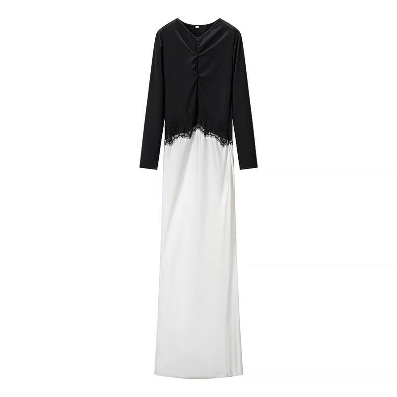 Damen Maxikleid mit Spitzeneinsatz, geraffter Vorderpartie und fließender Saum Drune