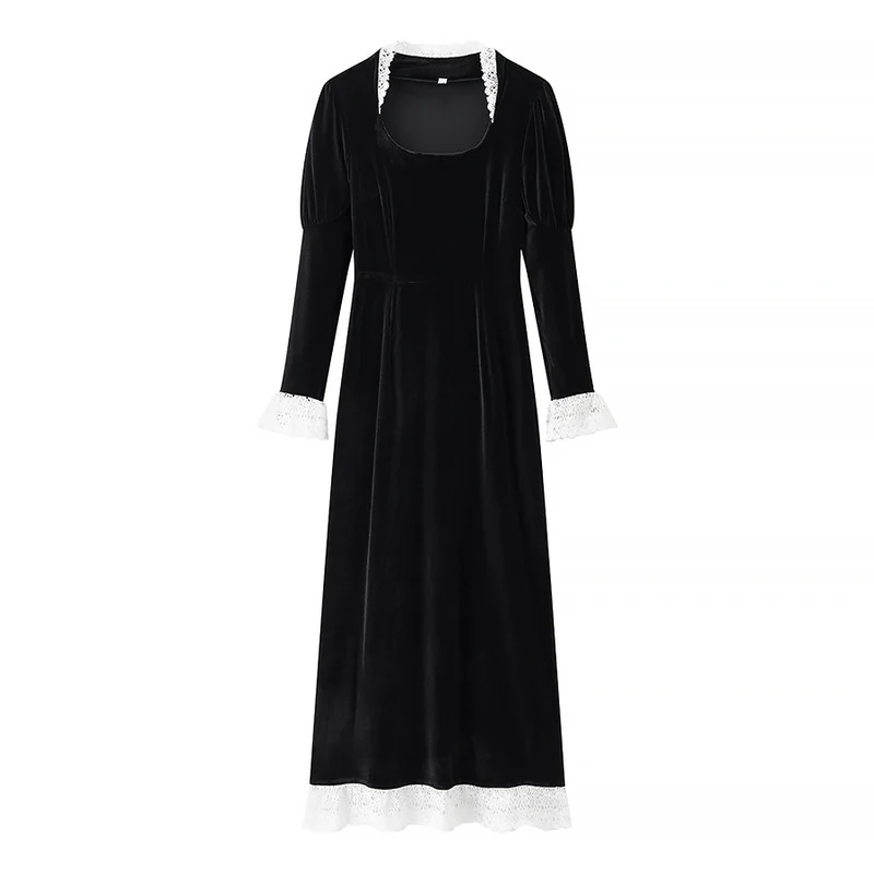 Damen Maxikleid aus Samt mit quadratischem Ausschnitt, Puffärmeln und Spitzenbesatz Drune