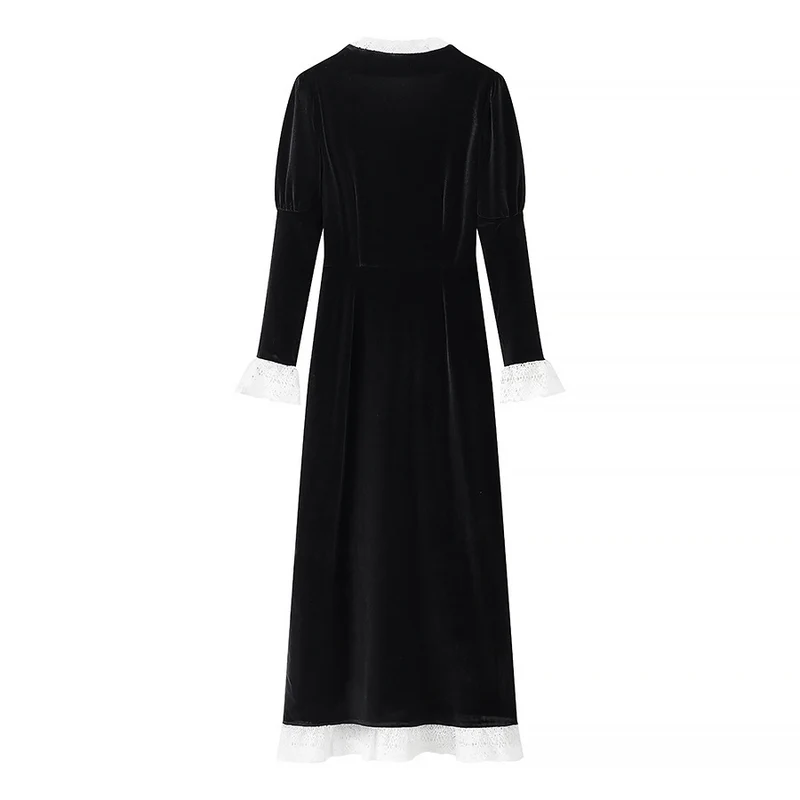 Damen Maxikleid aus Samt mit quadratischem Ausschnitt, Puffärmeln und Spitzenbesatz Drune