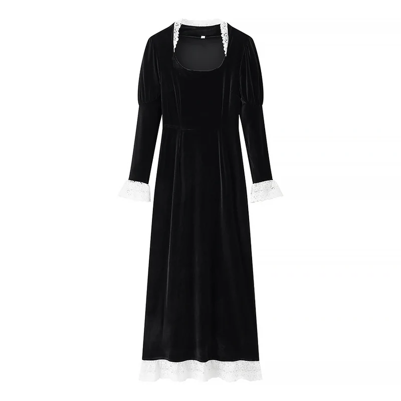 Damen Maxikleid aus Samt mit quadratischem Ausschnitt, Puffärmeln und Spitzenbesatz Drune