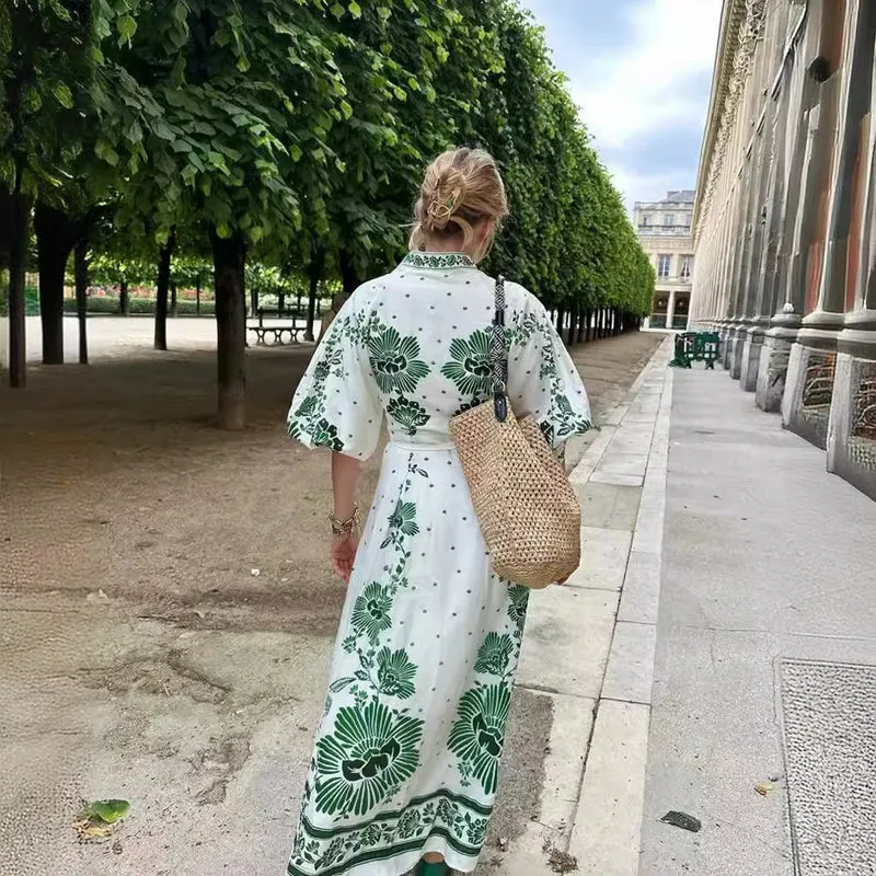 Damen Maxi-Kleid im Boho-Hemdstil mit Stehkragen und durchgehender Knopfleiste Drune