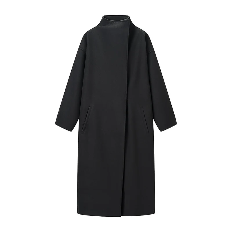 Damen Mantel im minimalistischen Midi‑Schnitt mit Stehkragen und verdeckter Knopfleiste Drune