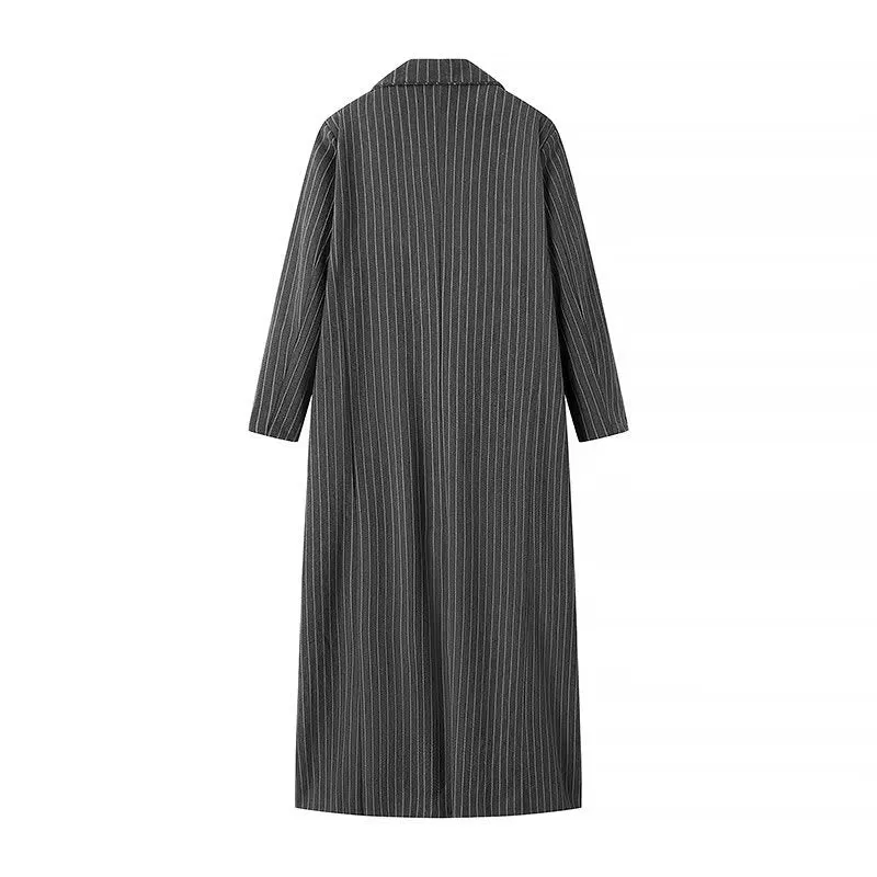 Damen Longline-Wollmixmantel mit Nadelstreifen, tailliertem Revers und Pattentaschen Drune
