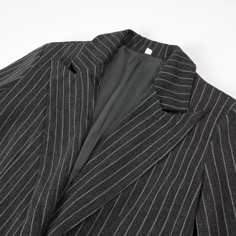 Damen Longline-Wollmixmantel mit Nadelstreifen, tailliertem Revers und Pattentaschen Drune