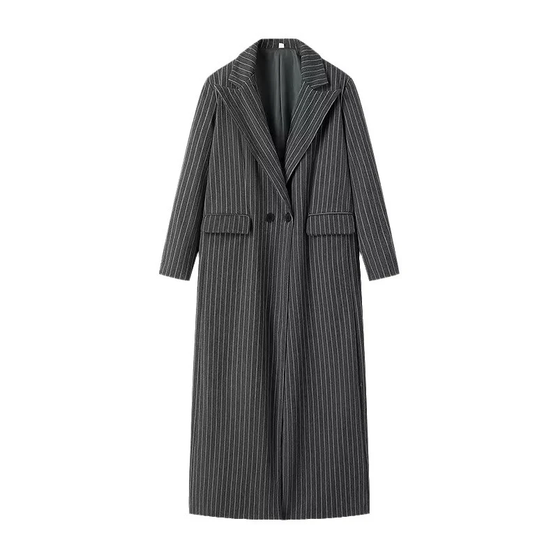 Damen Longline-Wollmixmantel mit Nadelstreifen, tailliertem Revers und Pattentaschen Drune