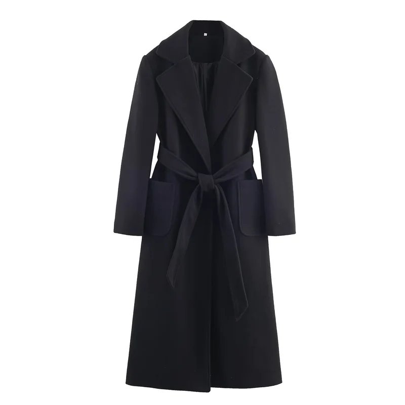 Damen Longline-Mantel mit breitem Revers und Bindegürtel Drune