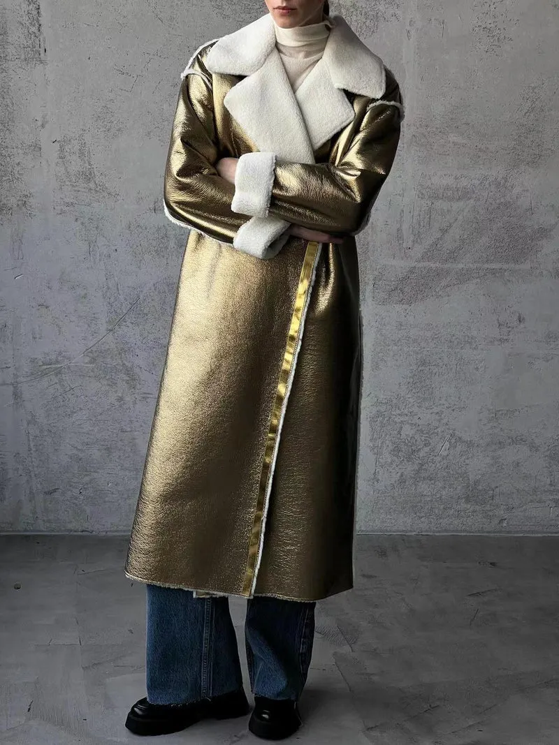 Damen Longline-Mantel aus Metallic‑Material mit Teddyfutter und überschnittener Schulter Drune