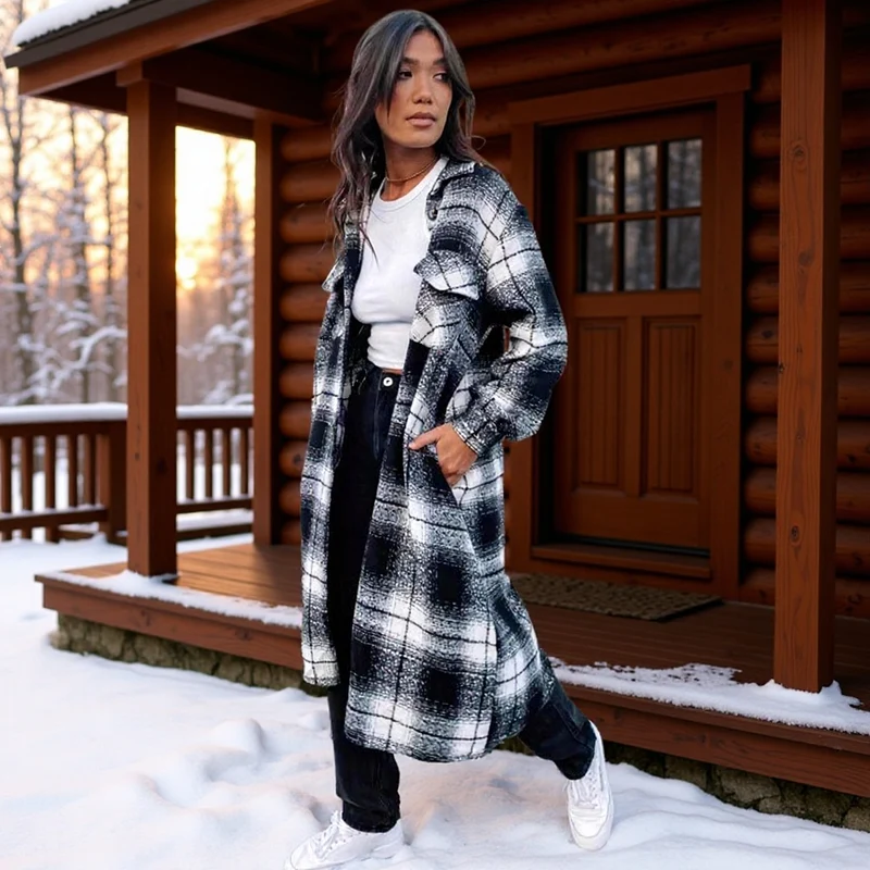 Damen Longline-Karo-Überhemd mit Oversize-Schnitt und aufgesetzten Pattentaschen Drune