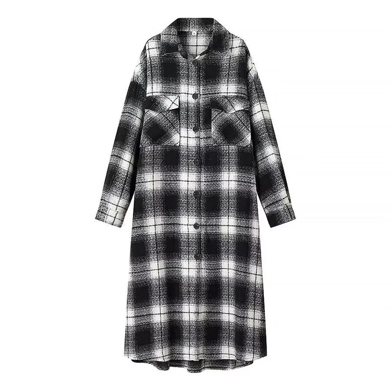 Damen Longline-Karo-Überhemd mit Oversize-Schnitt und aufgesetzten Pattentaschen Drune