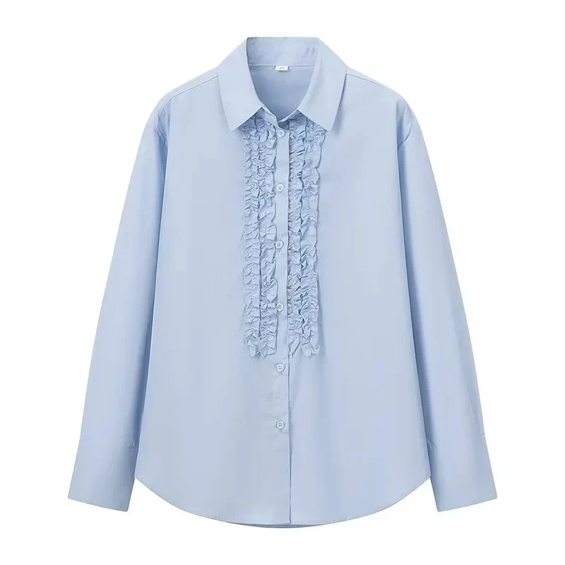 Damen Locker geschnittene Popeline-Bluse mit Rüschenblende und Hemdkragen Drune