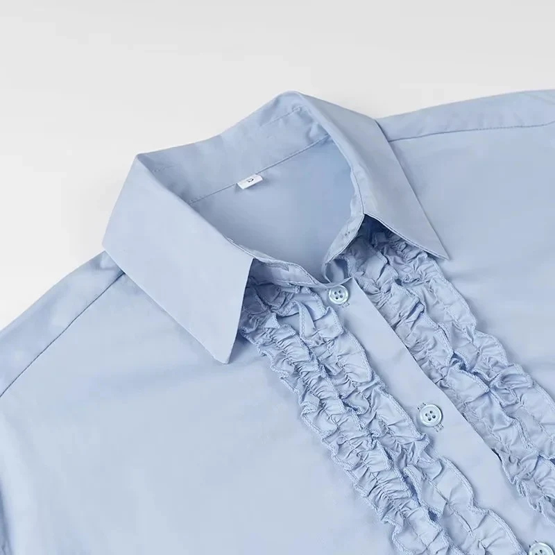Damen Locker geschnittene Popeline-Bluse mit Rüschenblende und Hemdkragen Drune