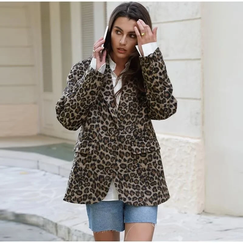 Damen Leopardenprint Bouclé-Blazer mit Reverskragen und aufgesetzten Pattentaschen Drune