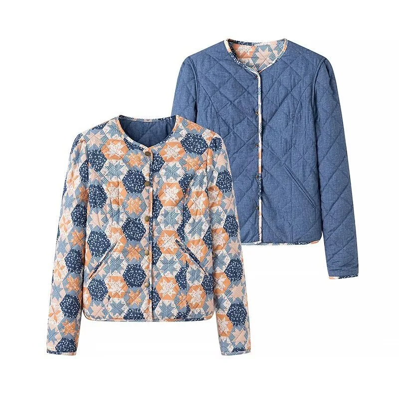 Damen Leichte Steppjacke mit Patchwork‑Blumenmuster und kurzem Schnitt Drune