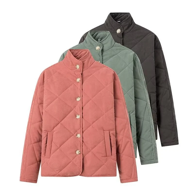 Damen Leichte gesteppte Kurzjacke mit Stehkragen und Knopfleiste Drune