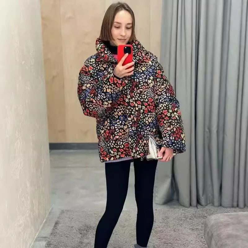 Damen Leichte gesteppte Kurzjacke mit Stehkragen, kastiger Silhouette und buntem Animal‑Floral‑Print Drune