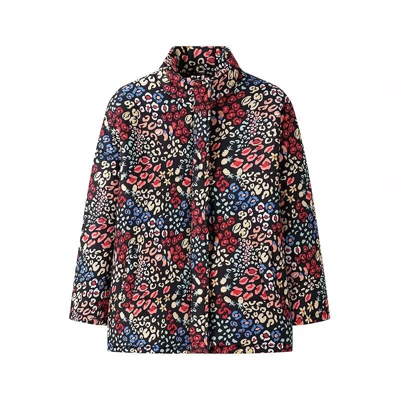 Damen Leichte gesteppte Kurzjacke mit Stehkragen, kastiger Silhouette und buntem Animal‑Floral‑Print Drune
