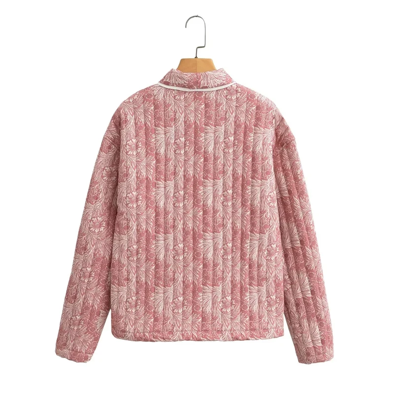 Damen Leichte gesteppte Jacke im Kimono-Stil mit floralem Blockdruck und Kontrastpaspel Drune